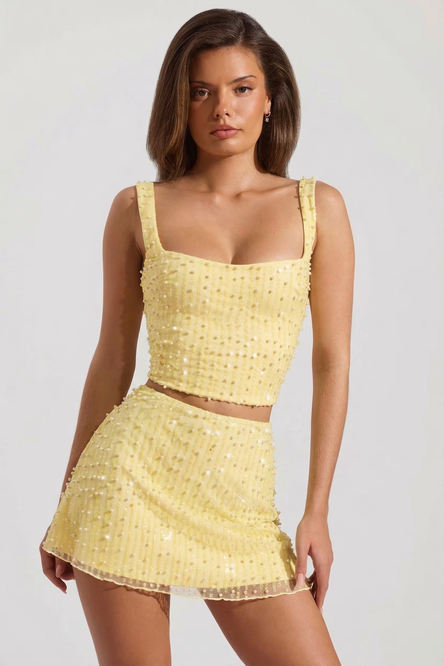 Embellished square neck top mini skirt set