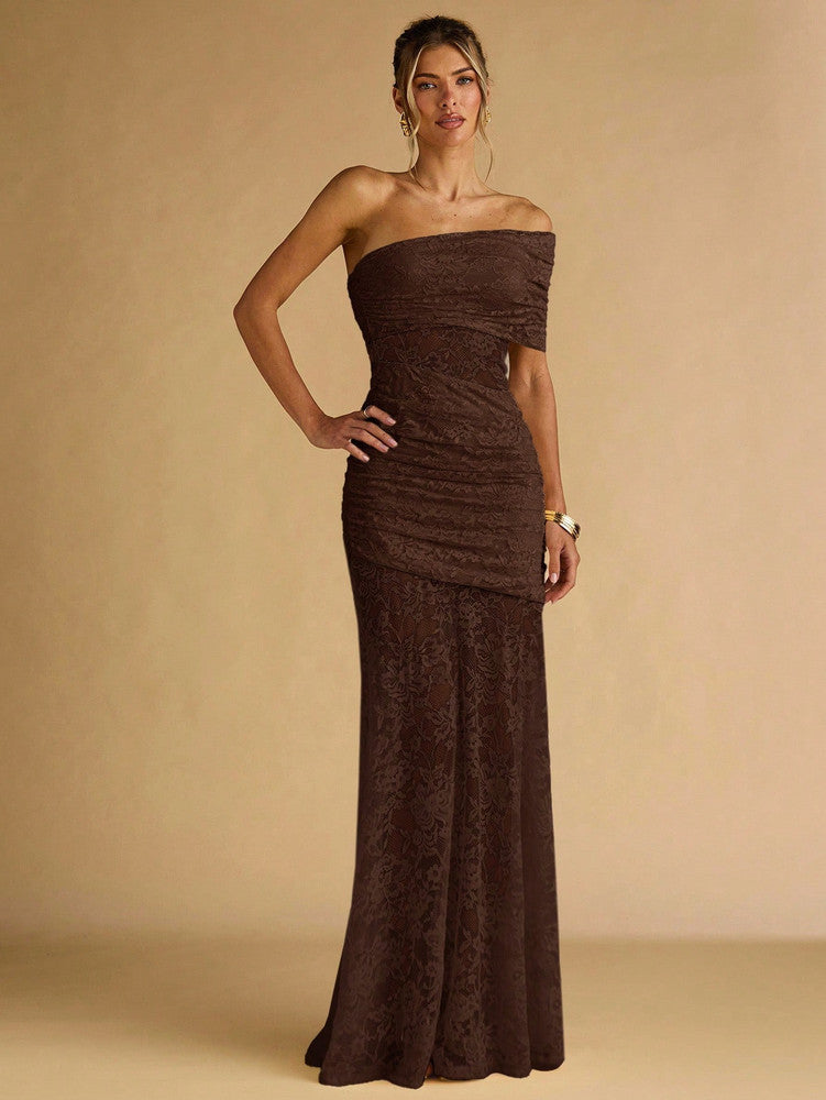 Lace one Shoulder Maxi dress brown