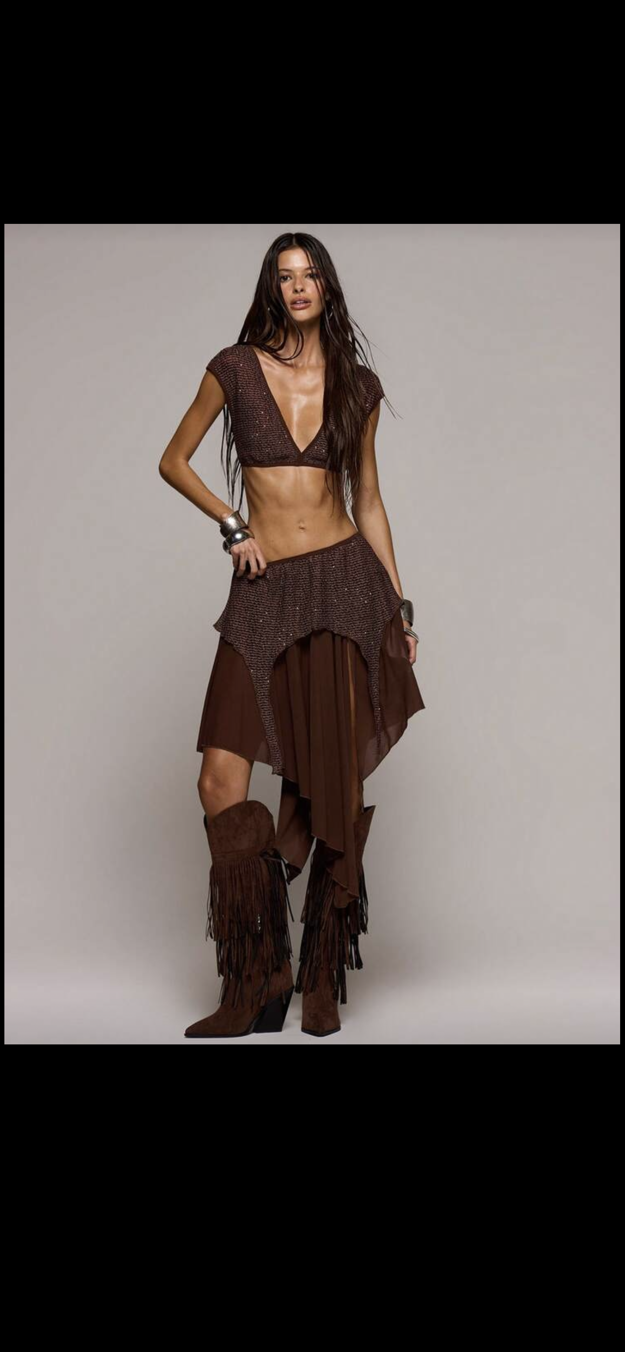 Brown sequin mesh skirt set