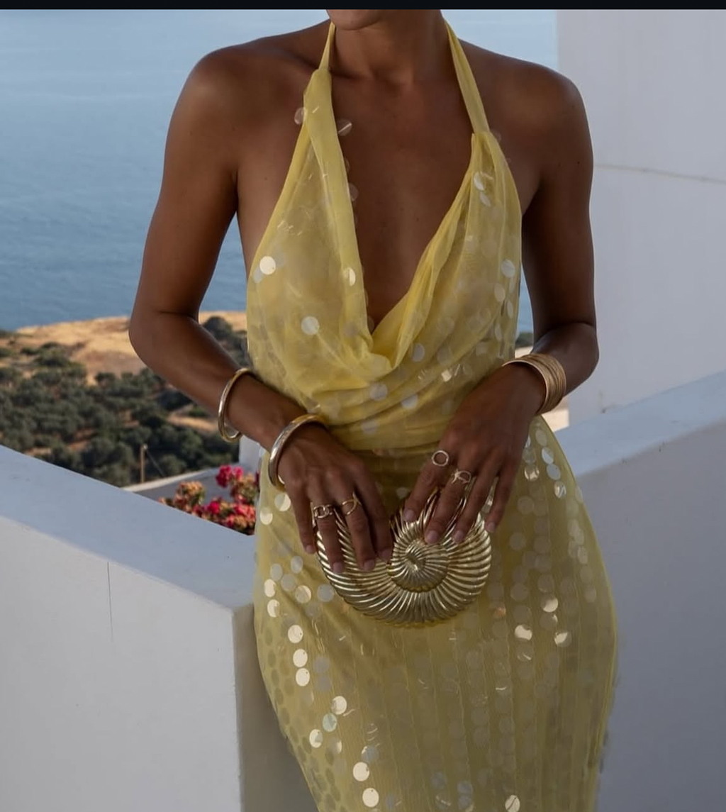 Mermaid sequin halter-neck backless maxi dress in yellow