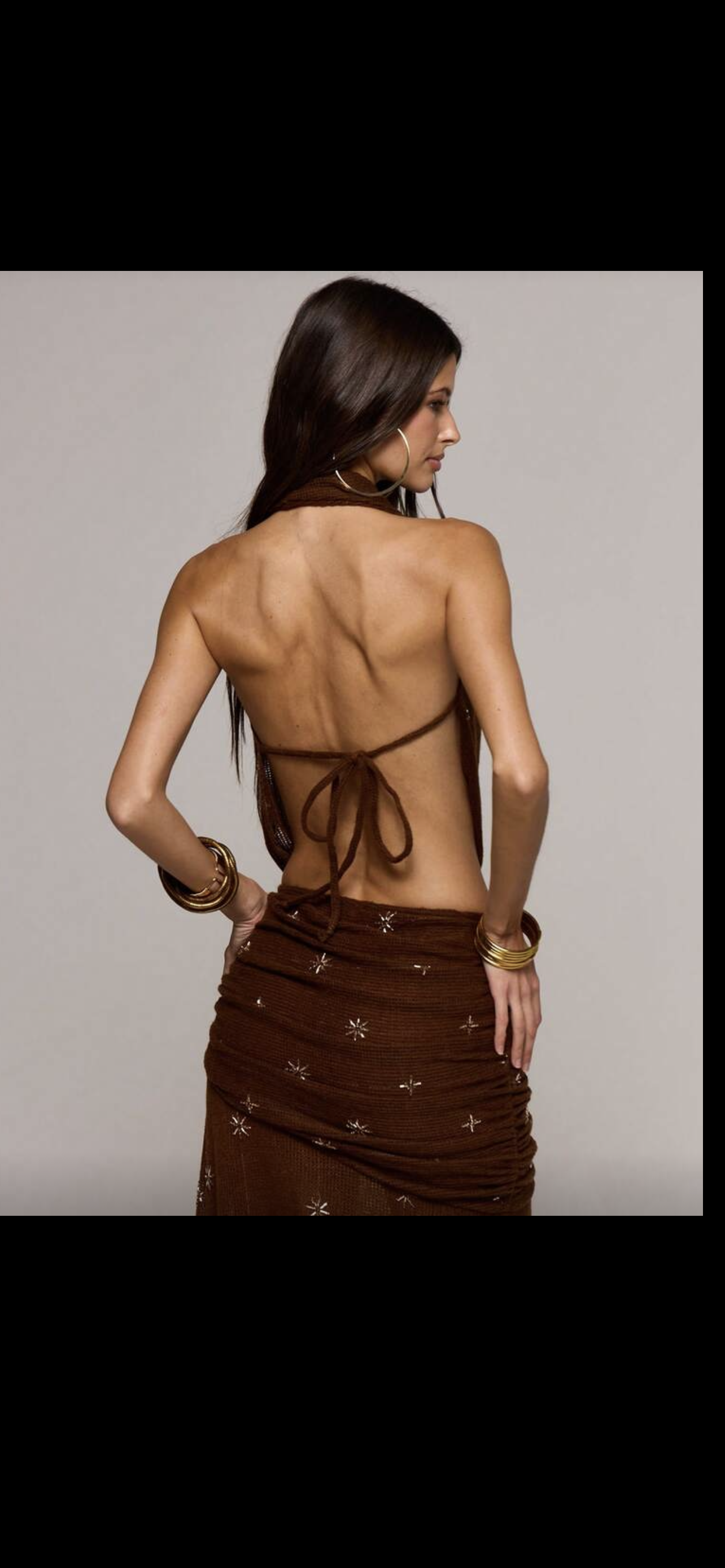 Embellished woven loose fit maxi skirt set in brown