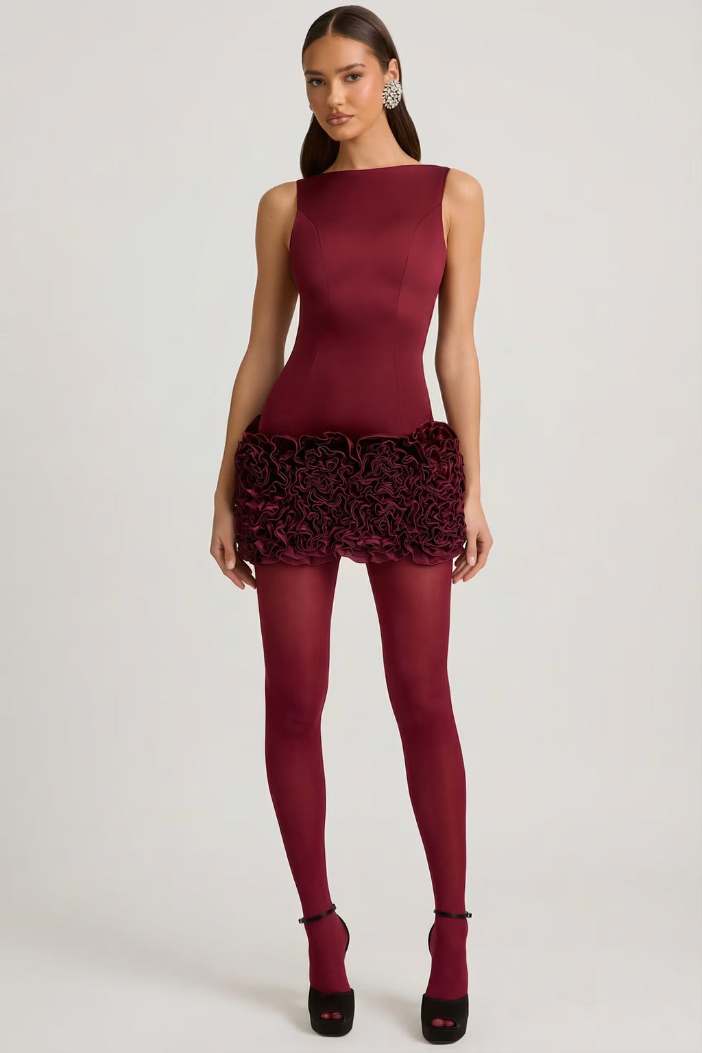 Backlesa 3d floral satin mini dress in burgundy