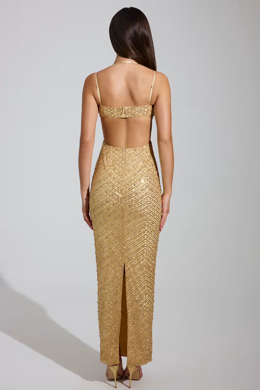 Sequin cowl neck maxi dress in gold