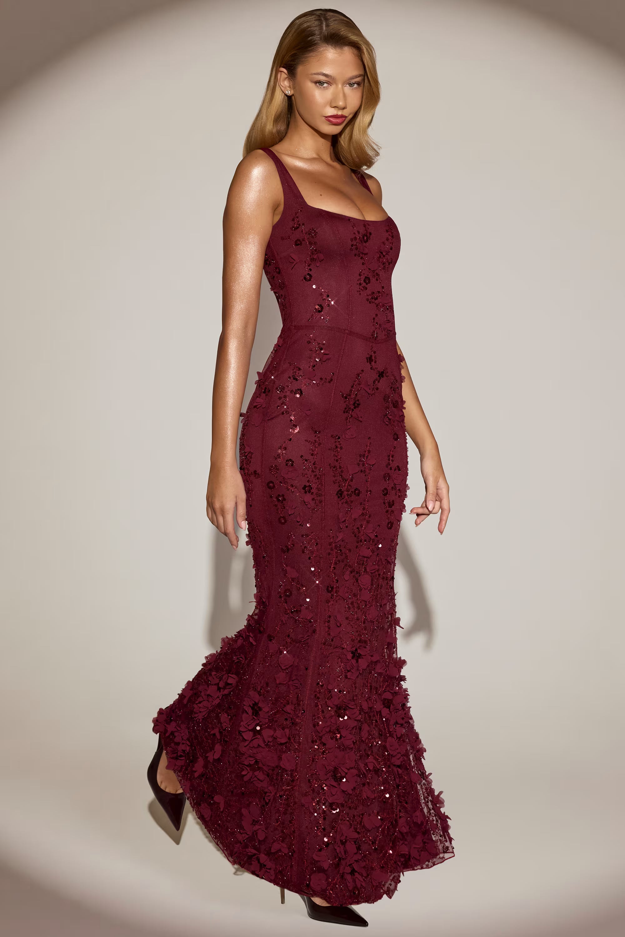 Embellished 3d floral gown in  burgundy