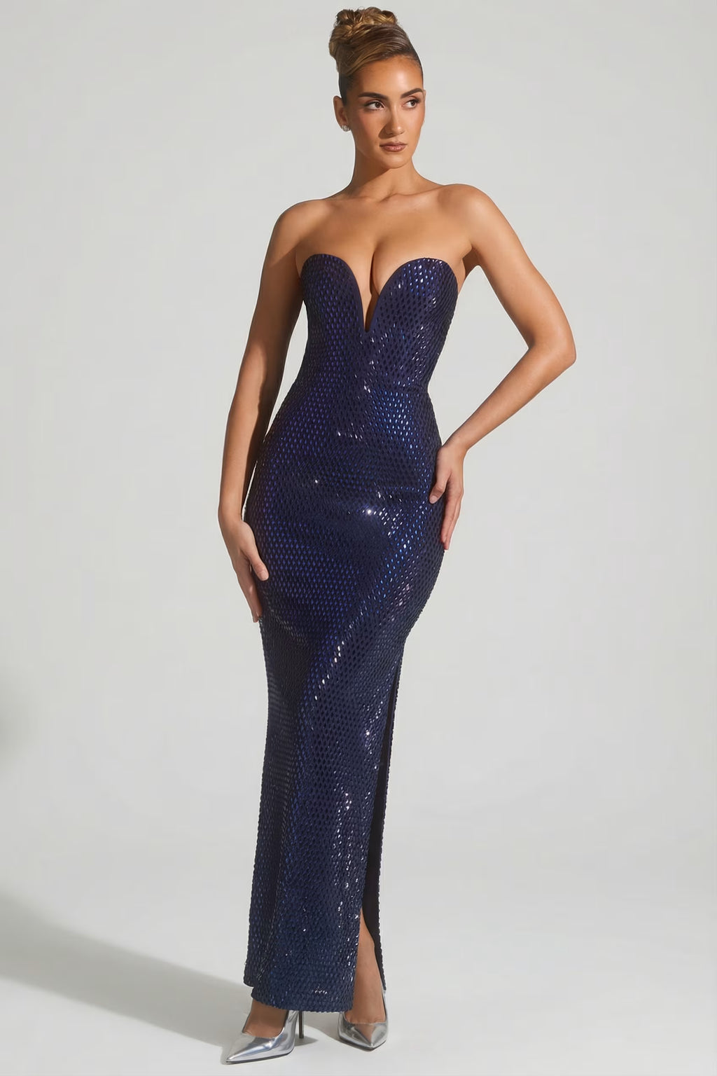 Navy blue embellished plunge corset gown dress