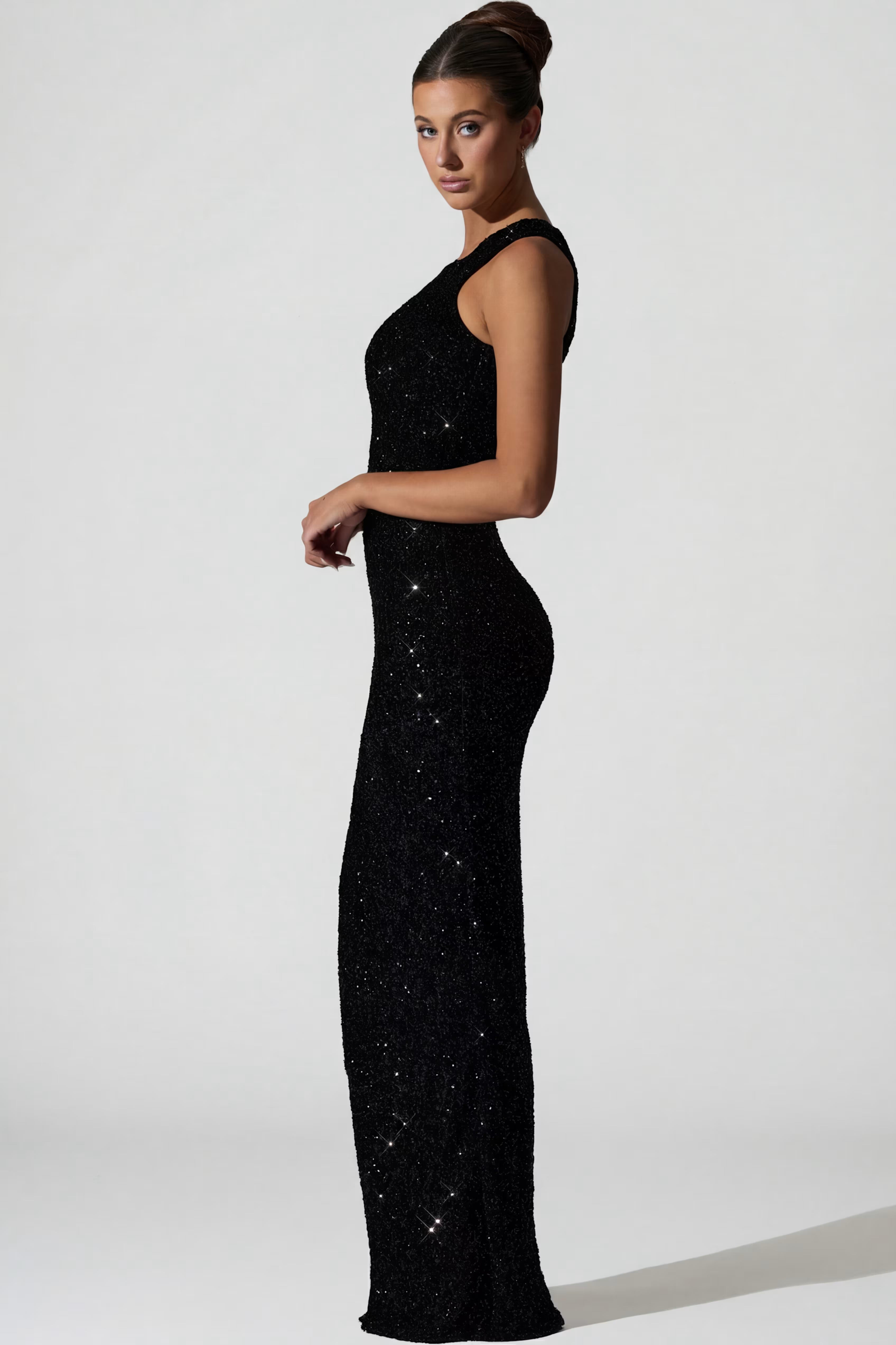Black cutout asymmetrical sequin maxi dress