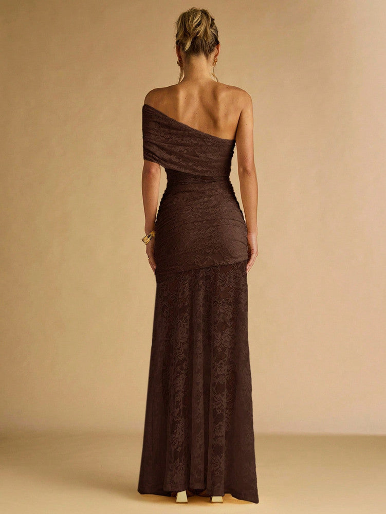 Lace one Shoulder Maxi dress brown
