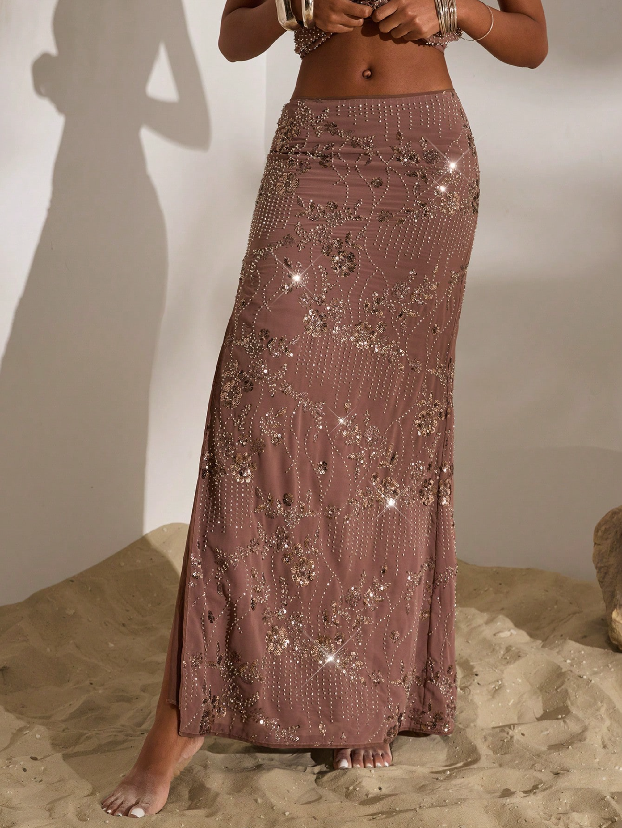 Halter neck backless embellished skirt set in coffee brown