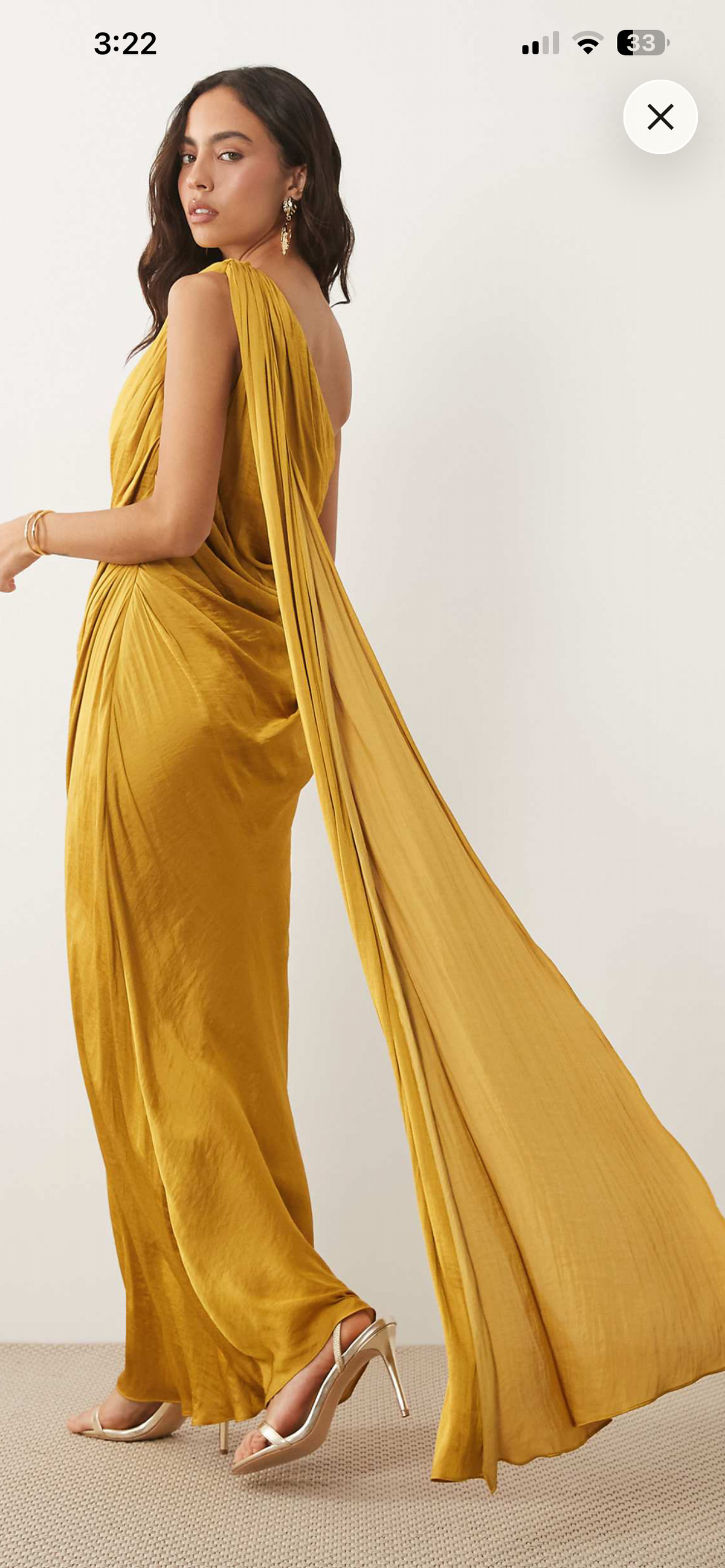 One shoulder draped satin maxi dress mustard