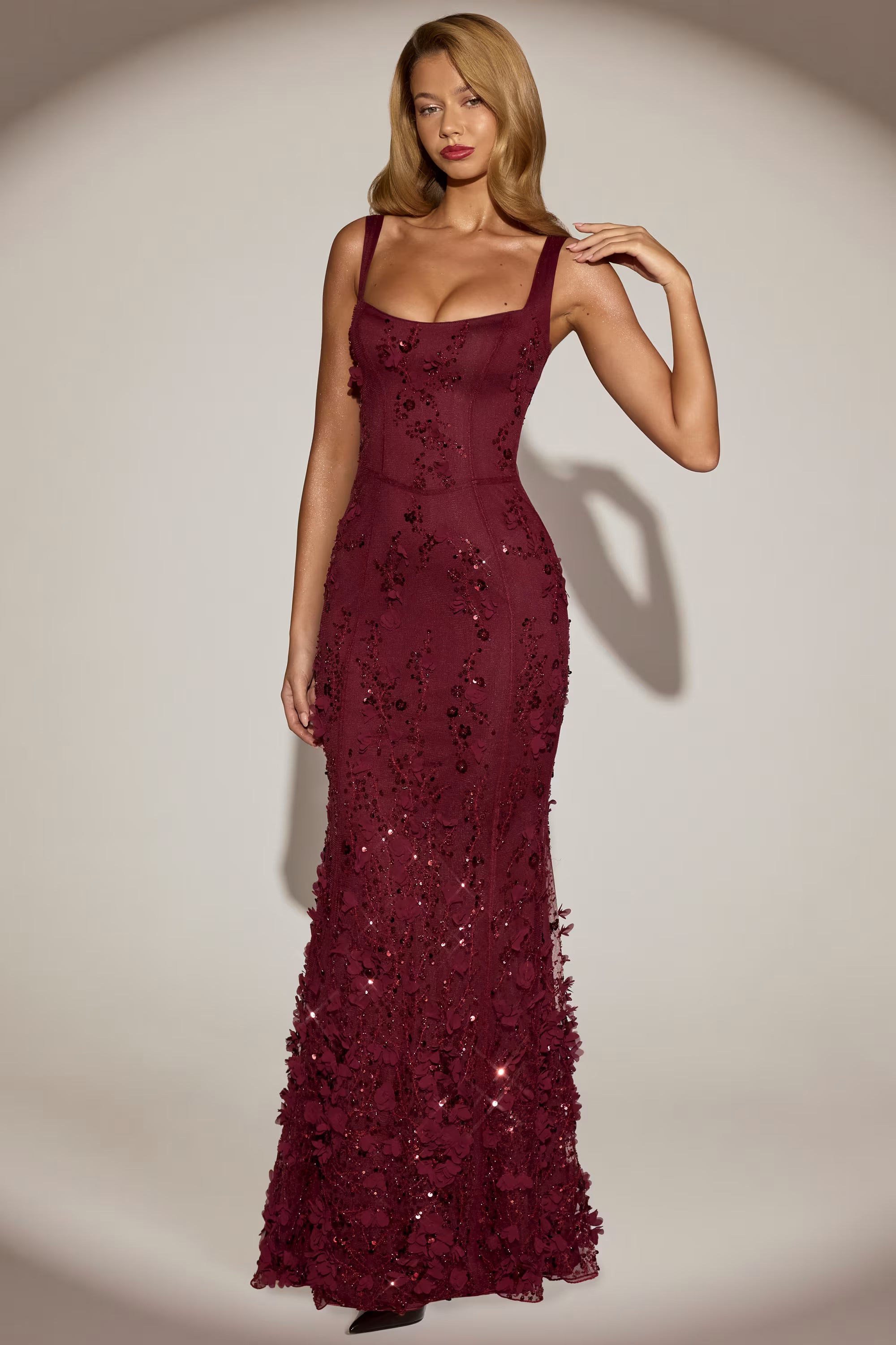 Embellished 3d floral gown in  burgundy