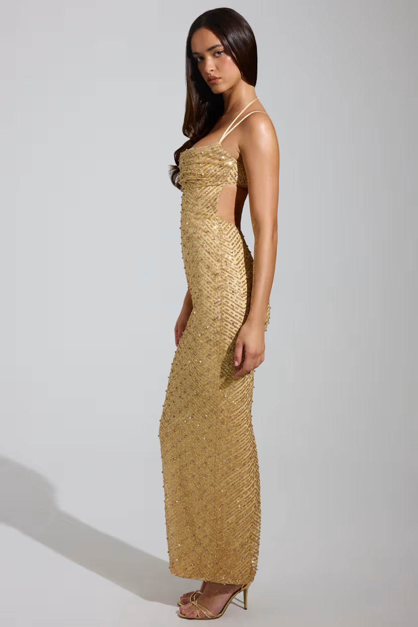 Sequin cowl neck maxi dress in gold