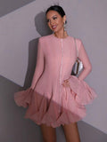 Flare sleeves long button fitted mini dress Rose
