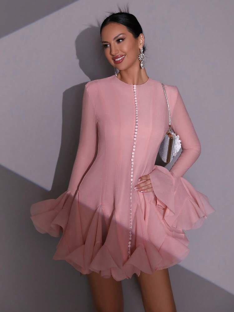 Flare sleeves long button fitted mini dress Rose