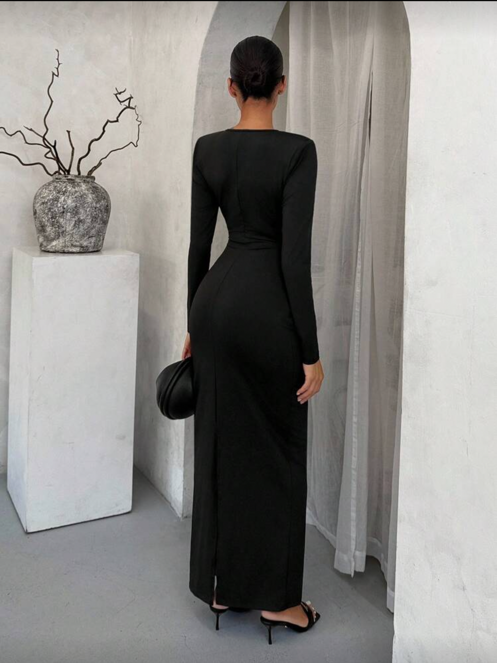 Cut-Out slinky maxi dress with gold buttons in black