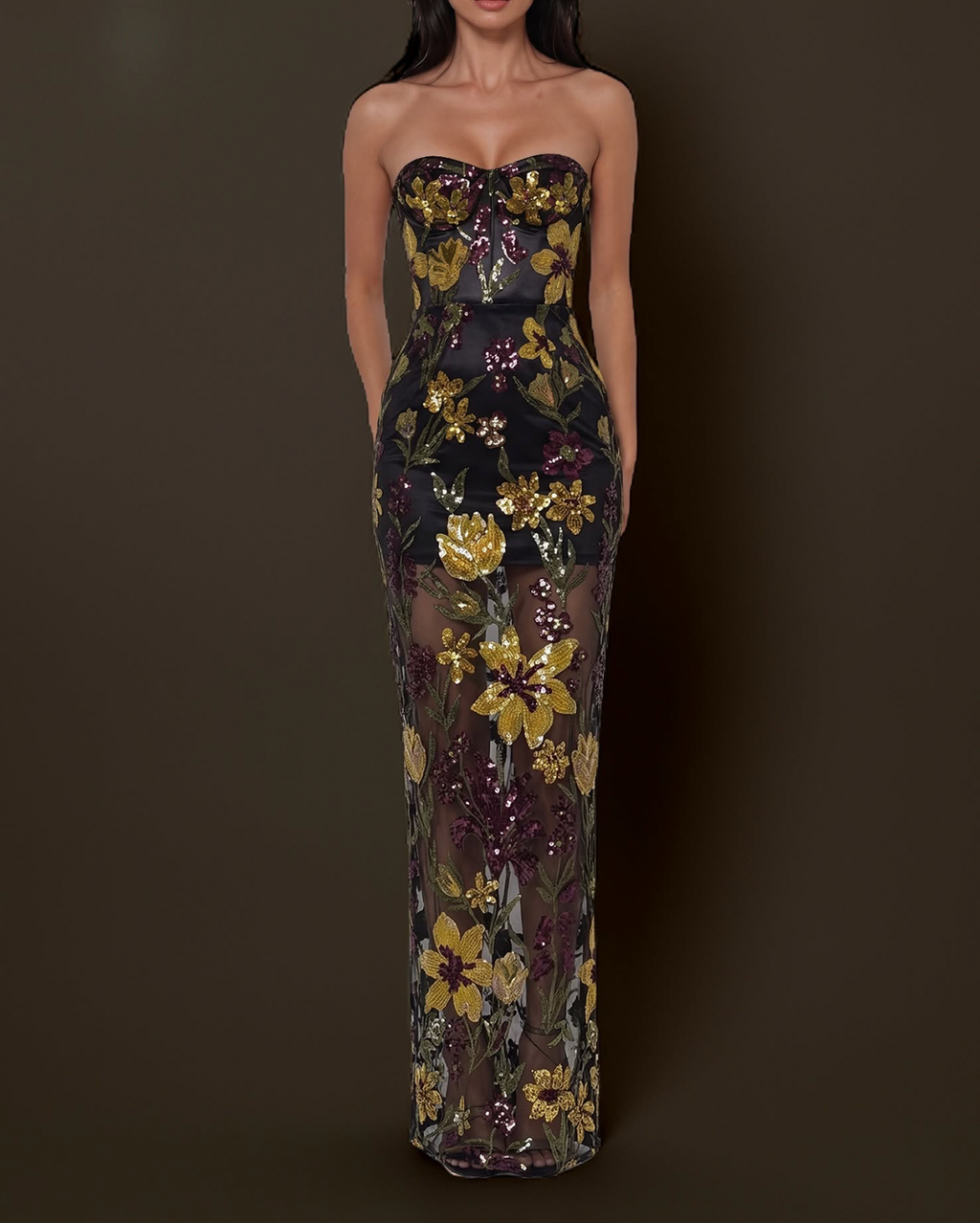 Cupped black multicolored flowers maxi dress