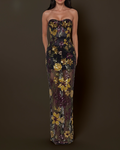 Cupped black multicolored flowers maxi dress