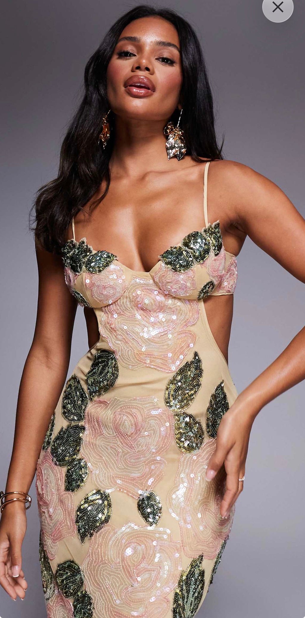Cream embellished with green leaves maxi dress