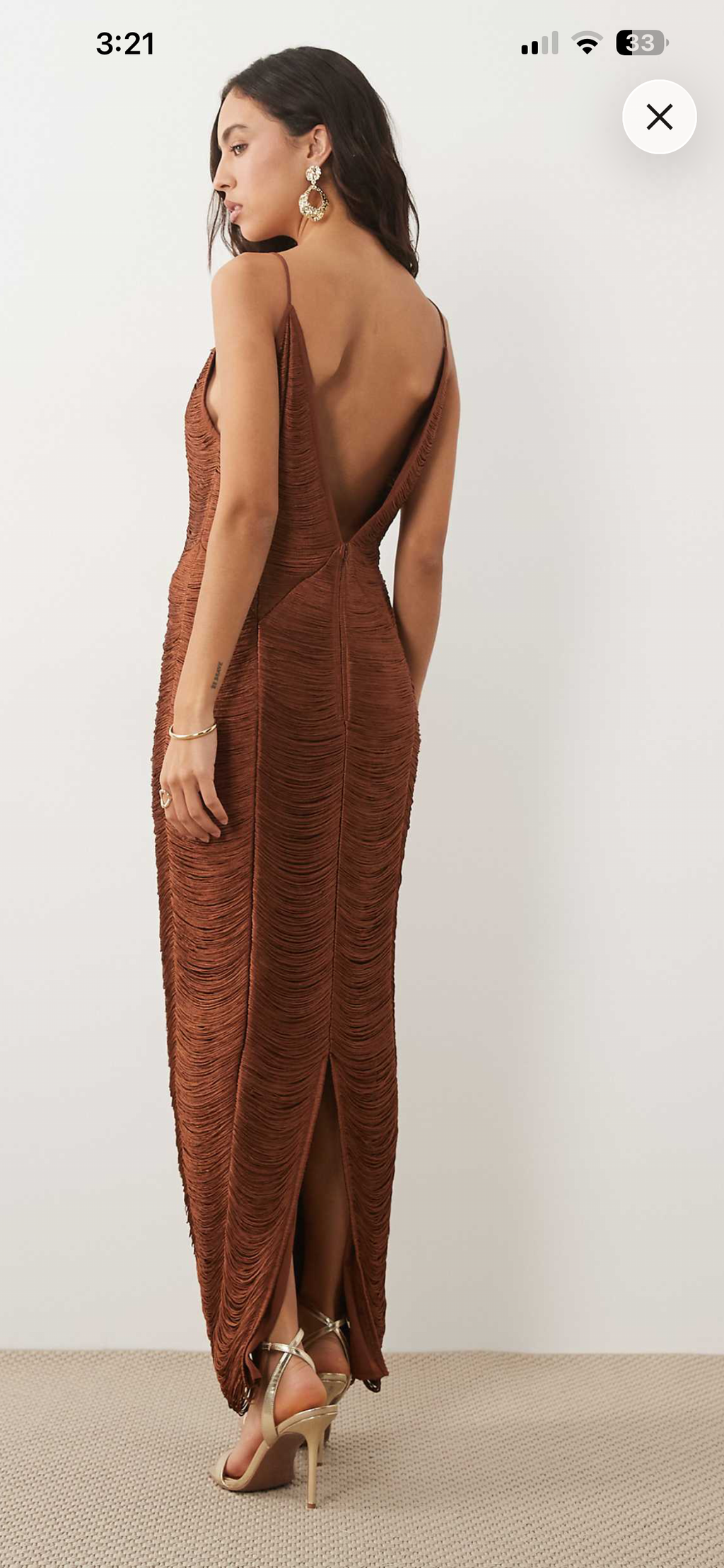 Panelled V neck fringe brown dress