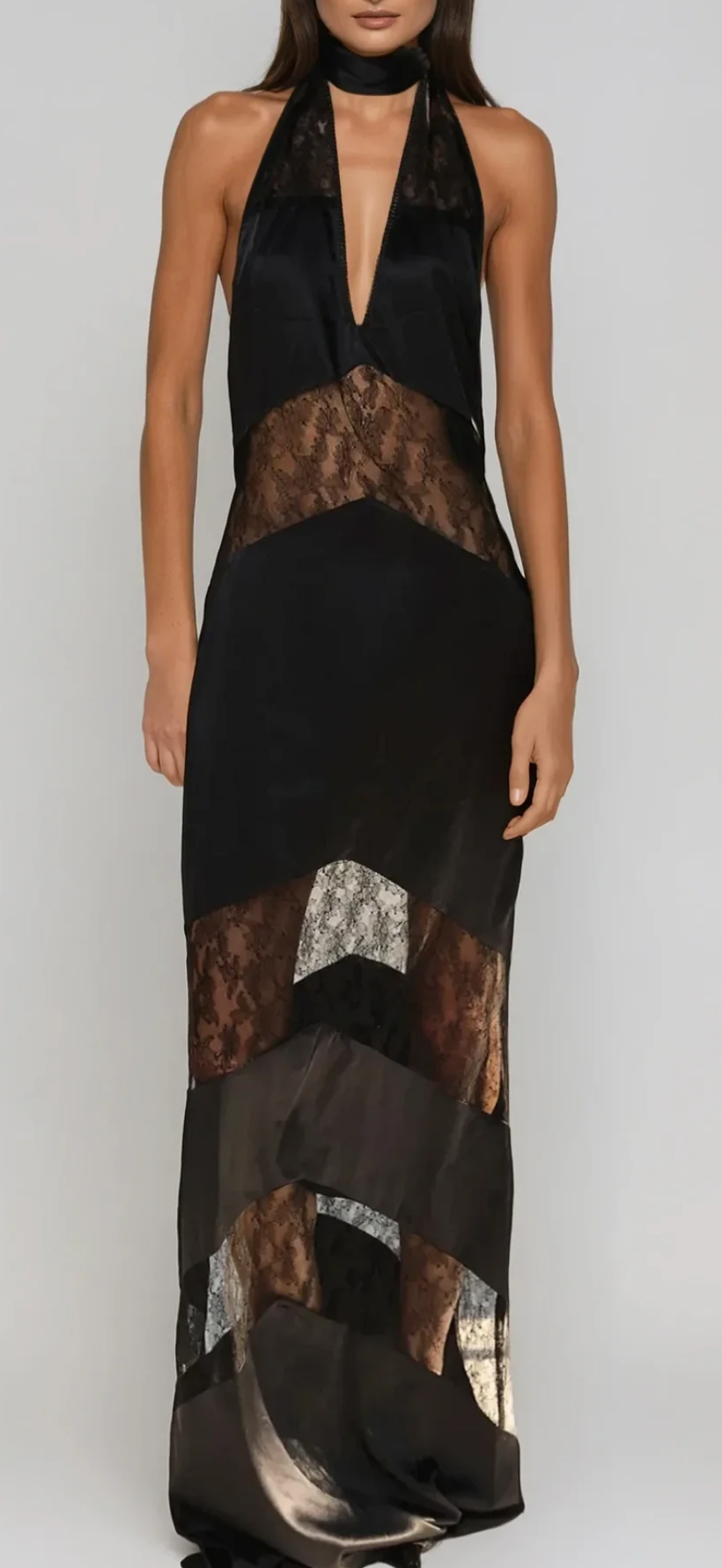 Satin lace halter maxi slip dress black