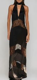 Satin lace halter maxi slip dress black