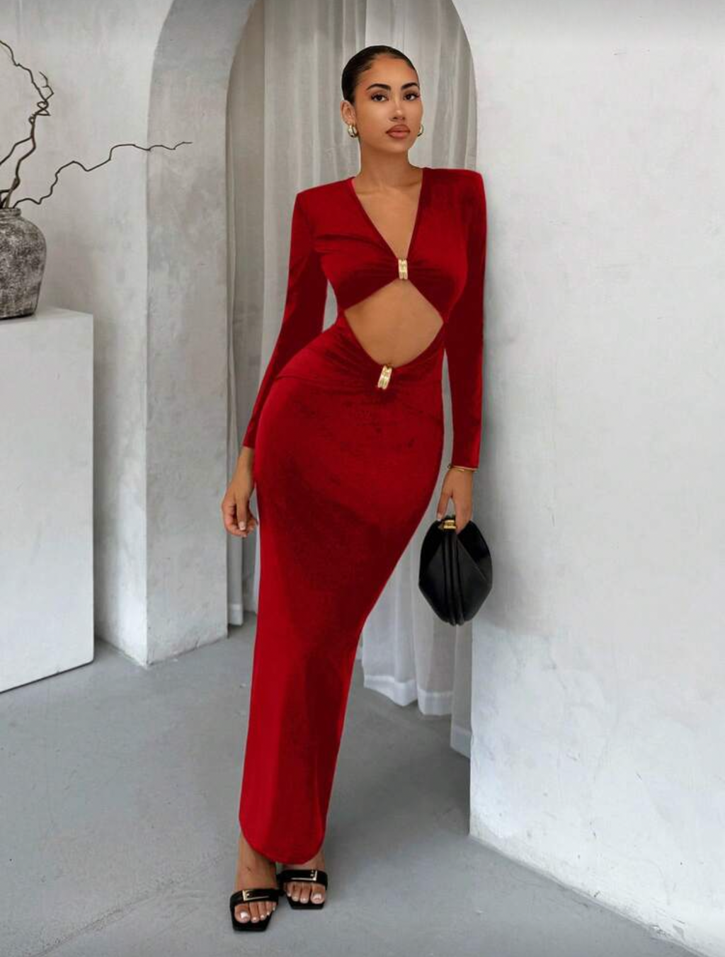Long sleeve cut out with gold accessories maxi dress