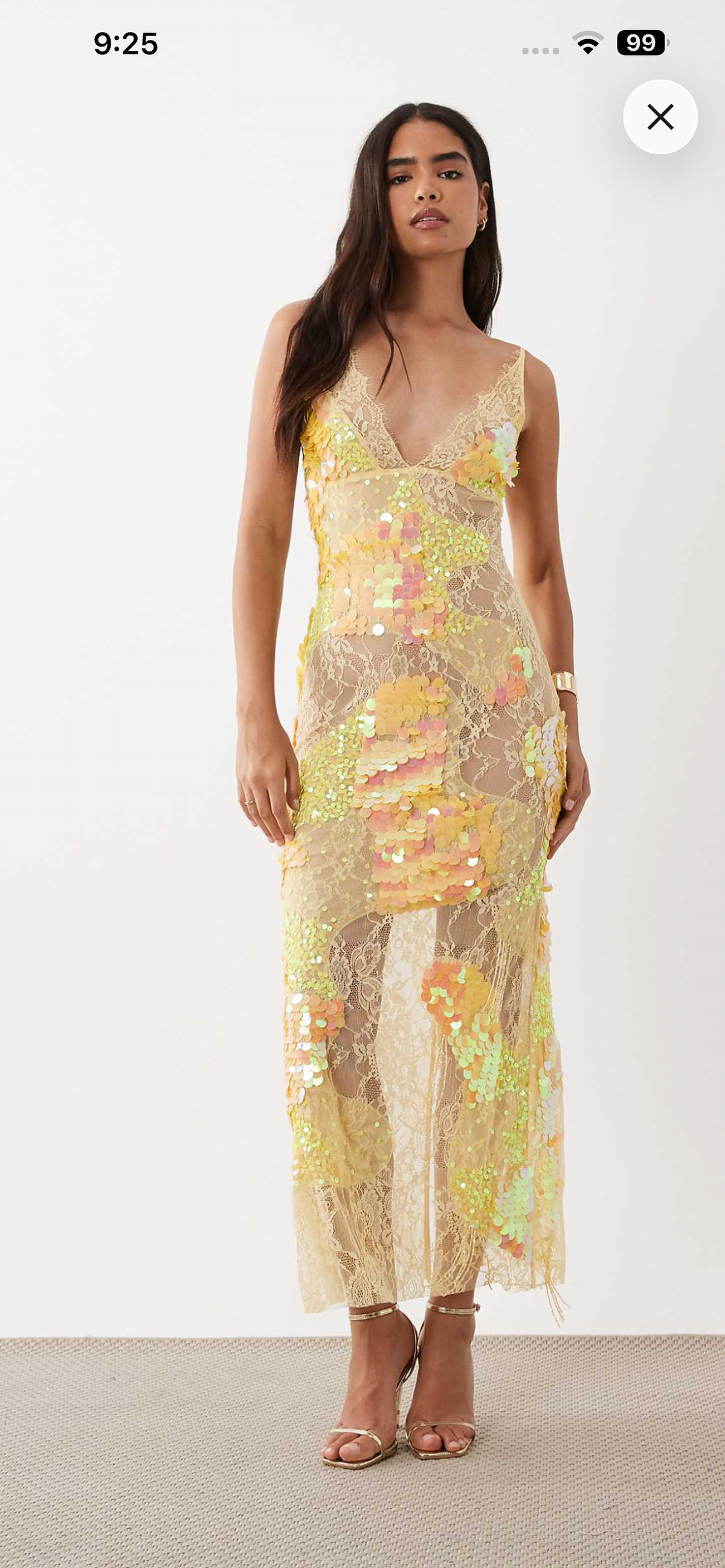Yellow lace sequin sheer maxi dress