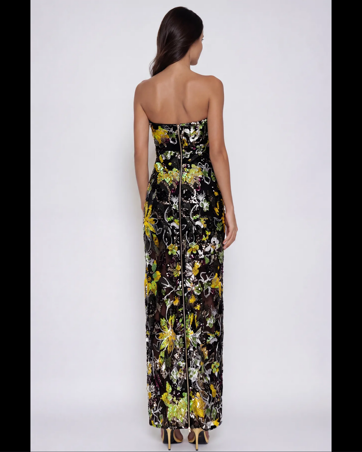 Cupped black multicolored flowers maxi dress