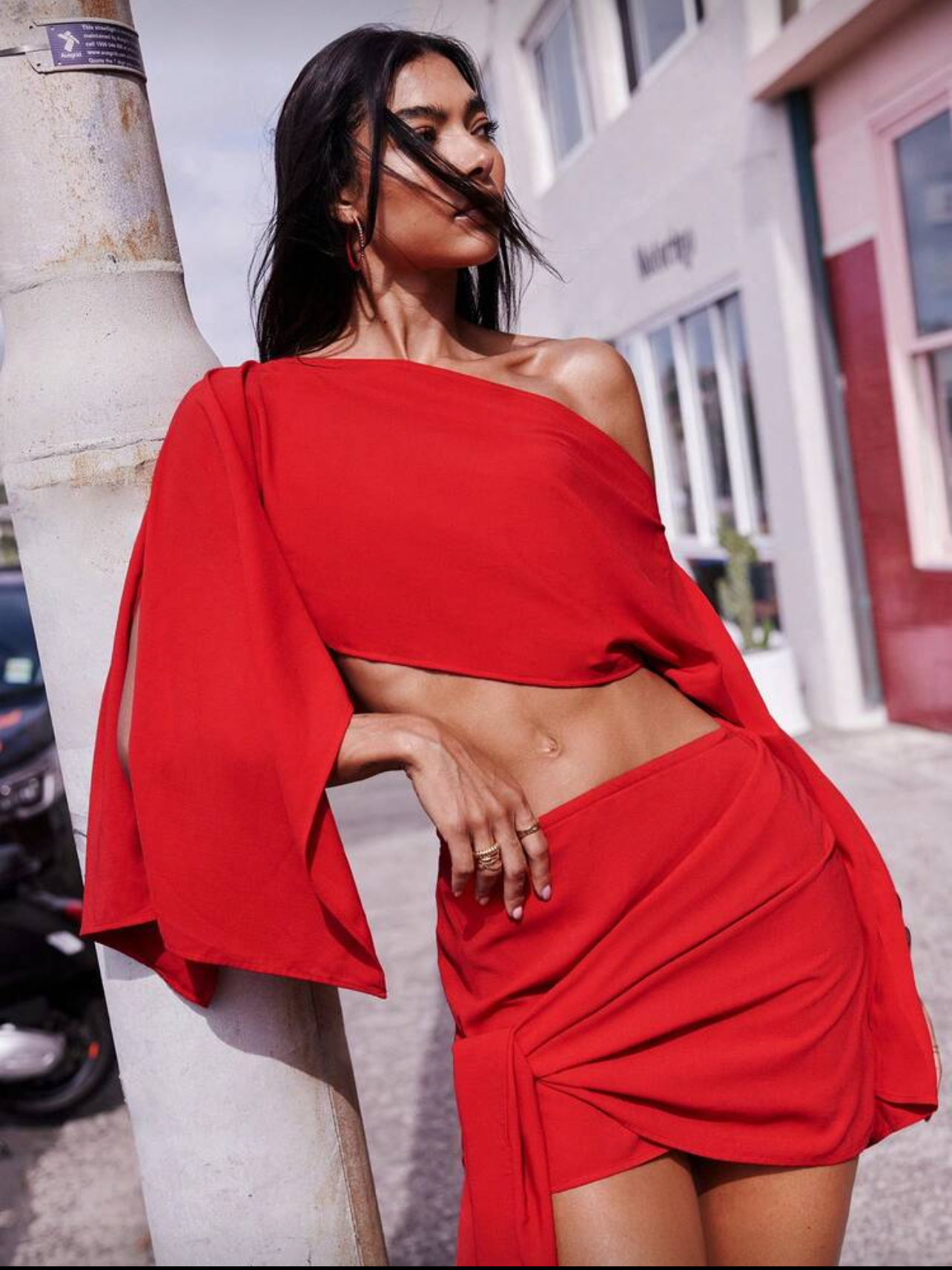 Asymmetrical off-shoulder linen skirt set