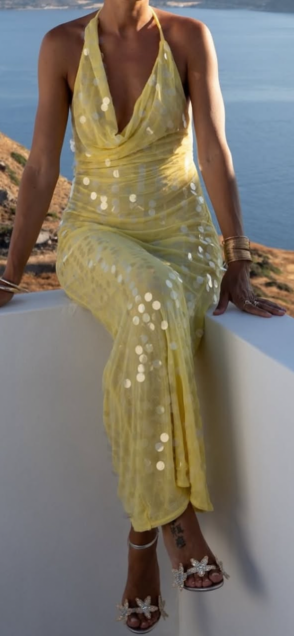 Mermaid sequin halter-neck backless maxi dress in yellow