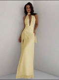 Butter yellow halterneck chiffon dress