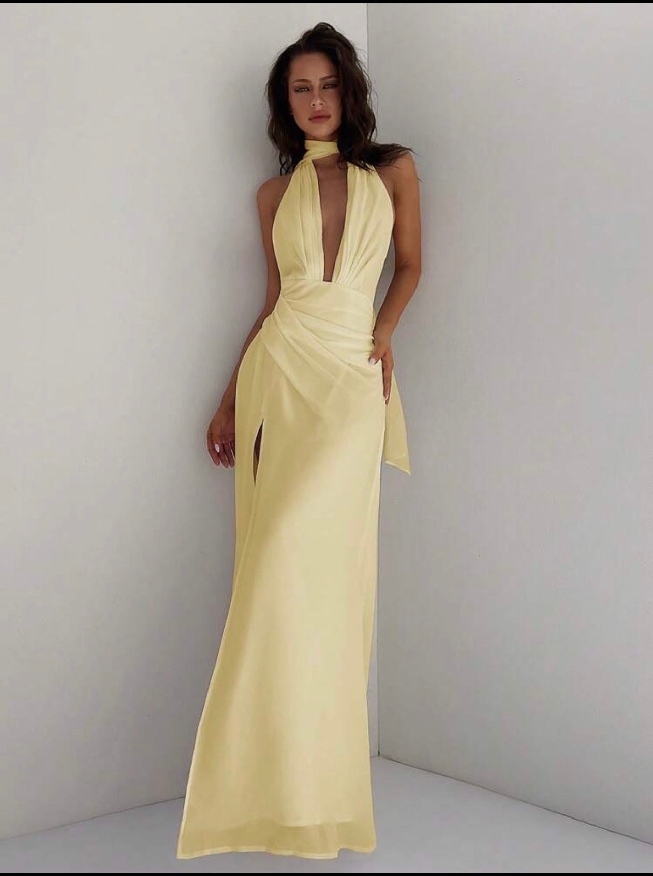Butter yellow halterneck chiffon dress
