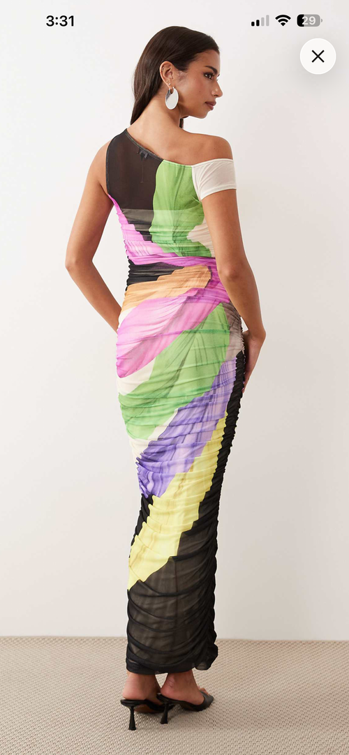Asymmetrical one shoulder draped mesh dress