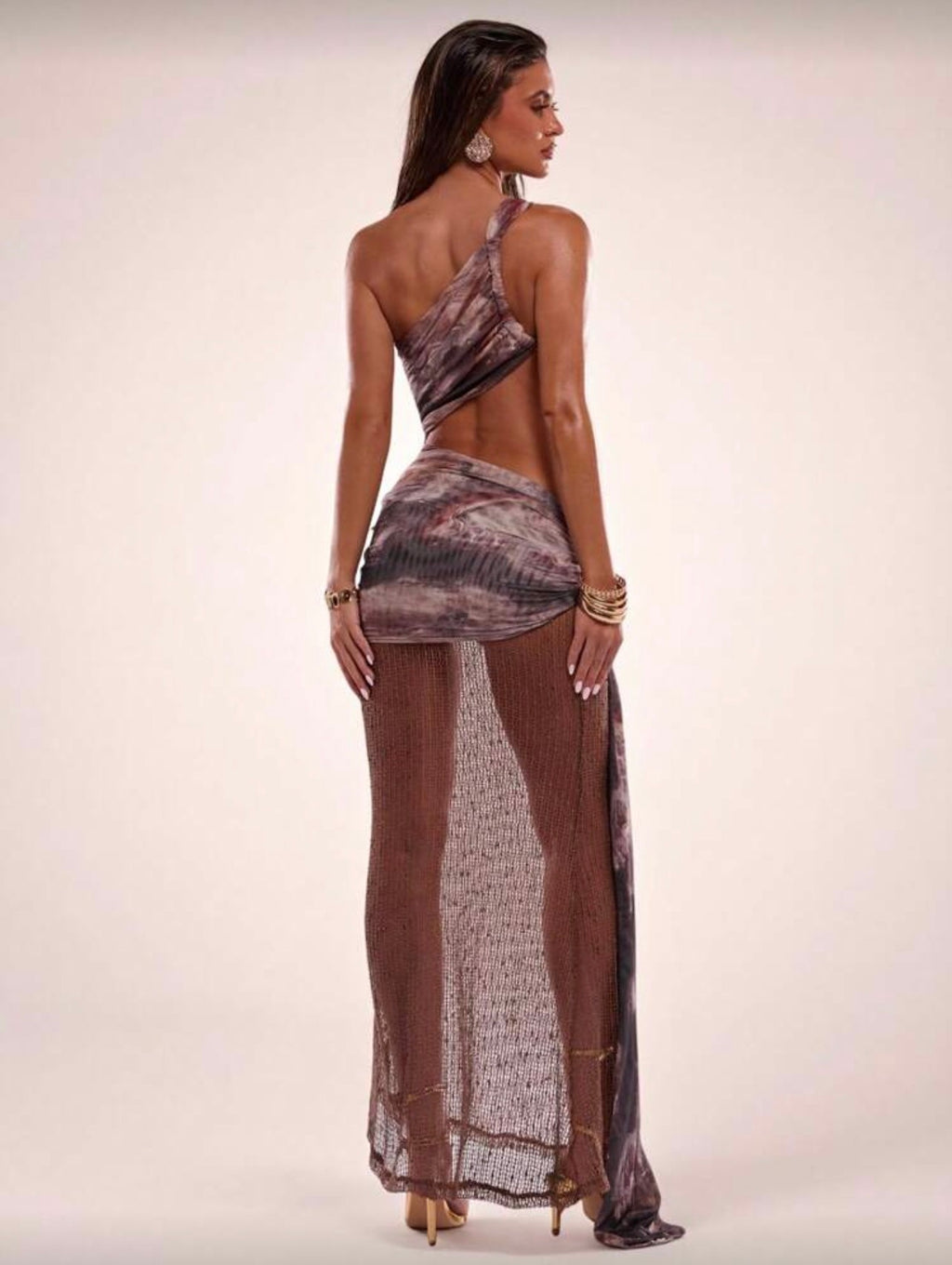 Mesh print resort dress multi brown