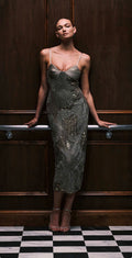 Khaki Floral embellished bust cupped maxi dress