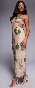 Cream embellished with green leaves maxi dress