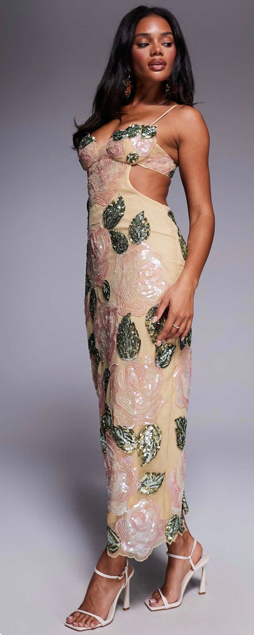 Cream embellished with green leaves maxi dress