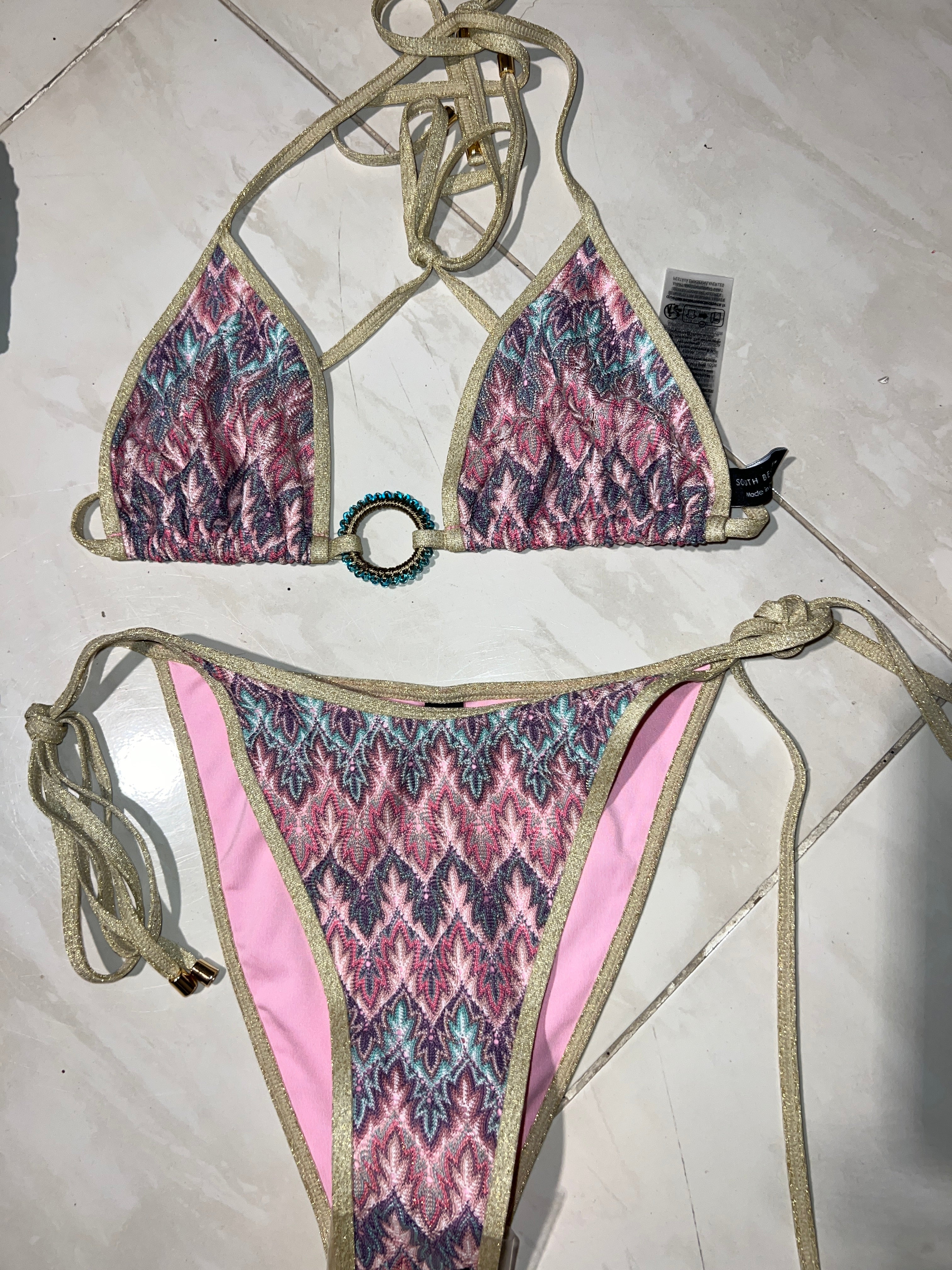 Knit triangle multi pink bikini
