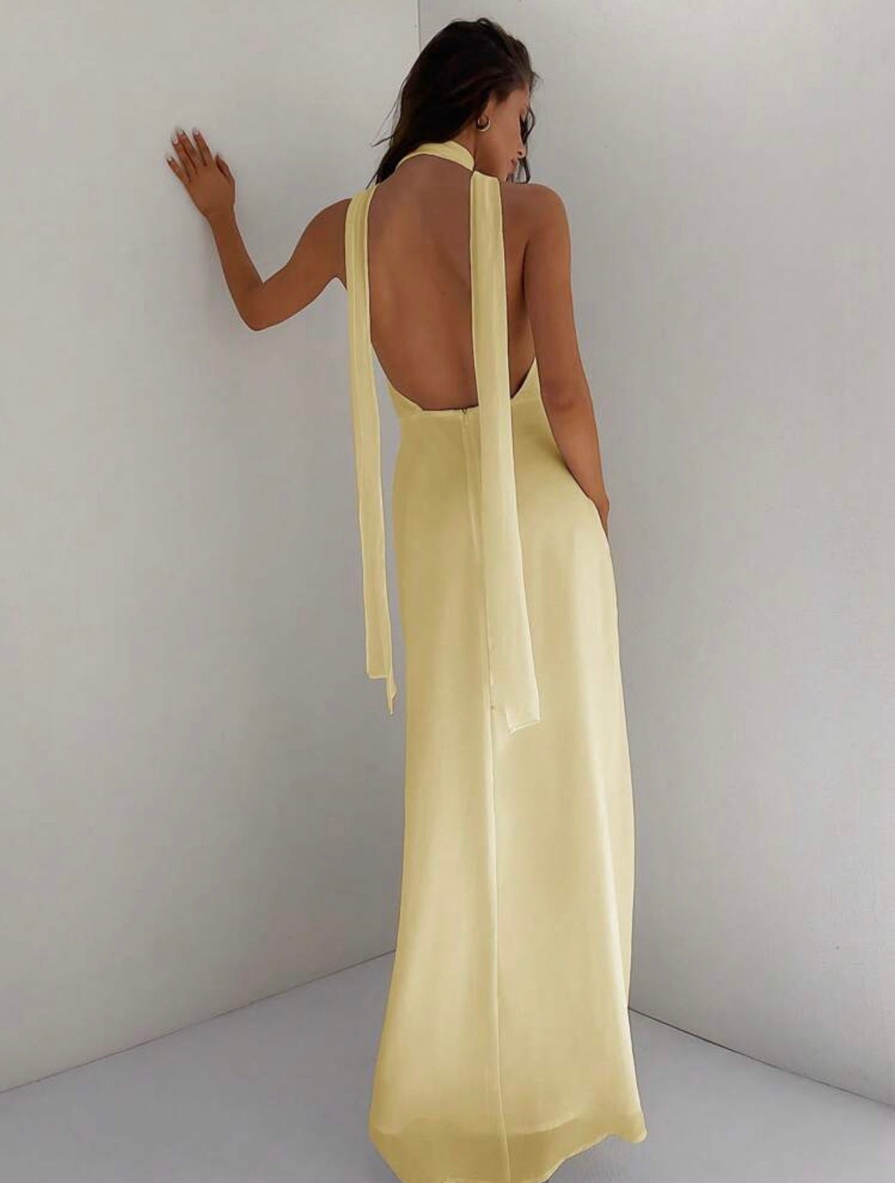 Butter yellow halterneck chiffon dress