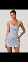 Handmade floral Embellished mini dress in blue