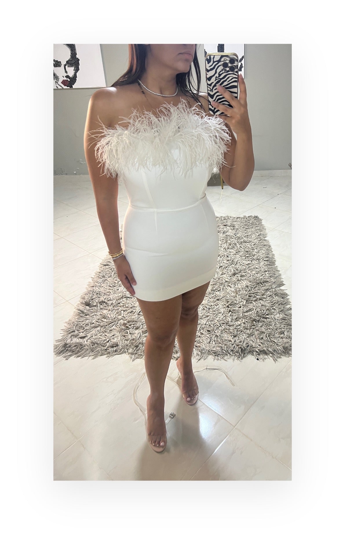 DD’s Design White feather corset mini dress