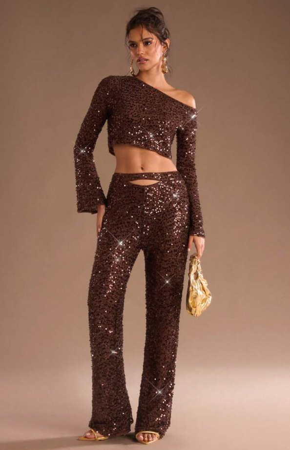 Asymmetrical embellished pants set in brown