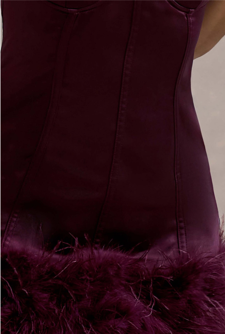 Cupped satin feather hem mini dress burgundy