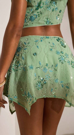 Embellished asymmetrical skirt set in mint green