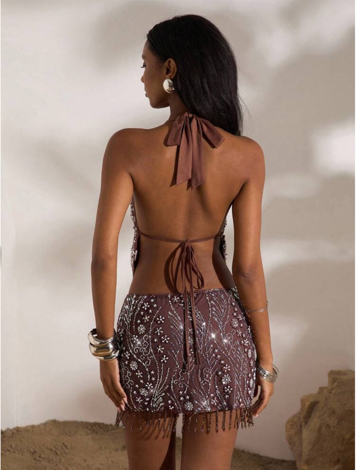 Embellished halter neck backless mini skirt set