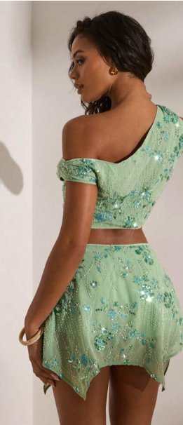 Embellished asymmetrical skirt set in mint green