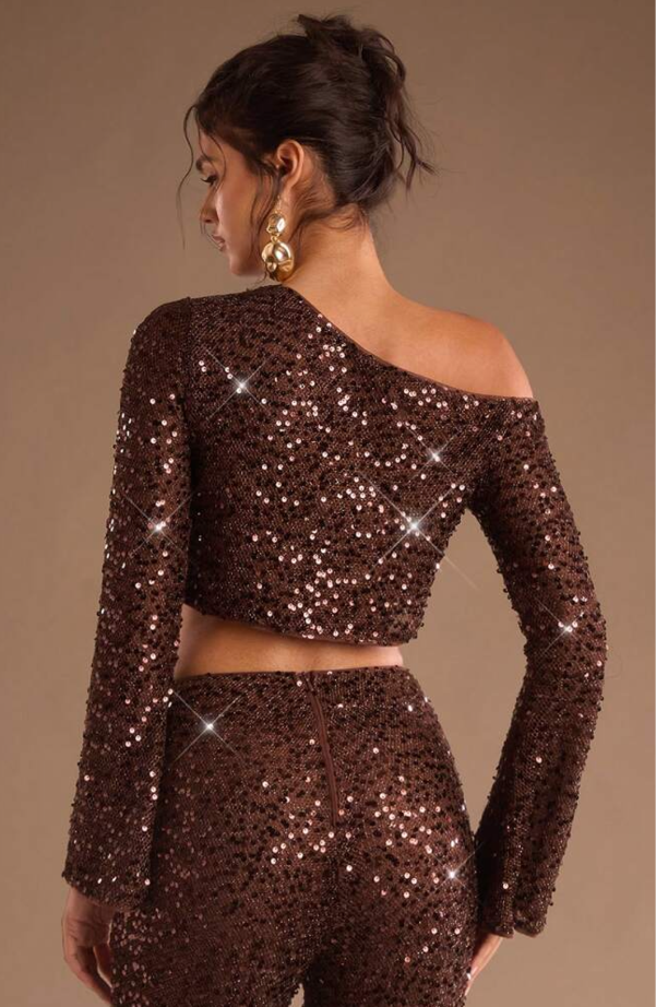 Asymmetrical embellished pants set in brown