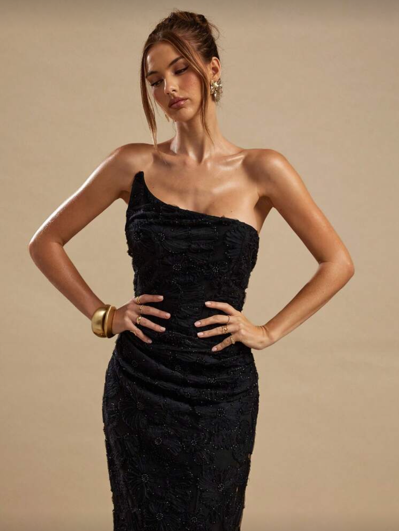 Asymmetrical lace maxi dress