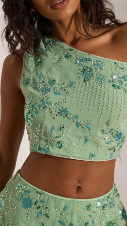 Embellished asymmetrical skirt set in mint green