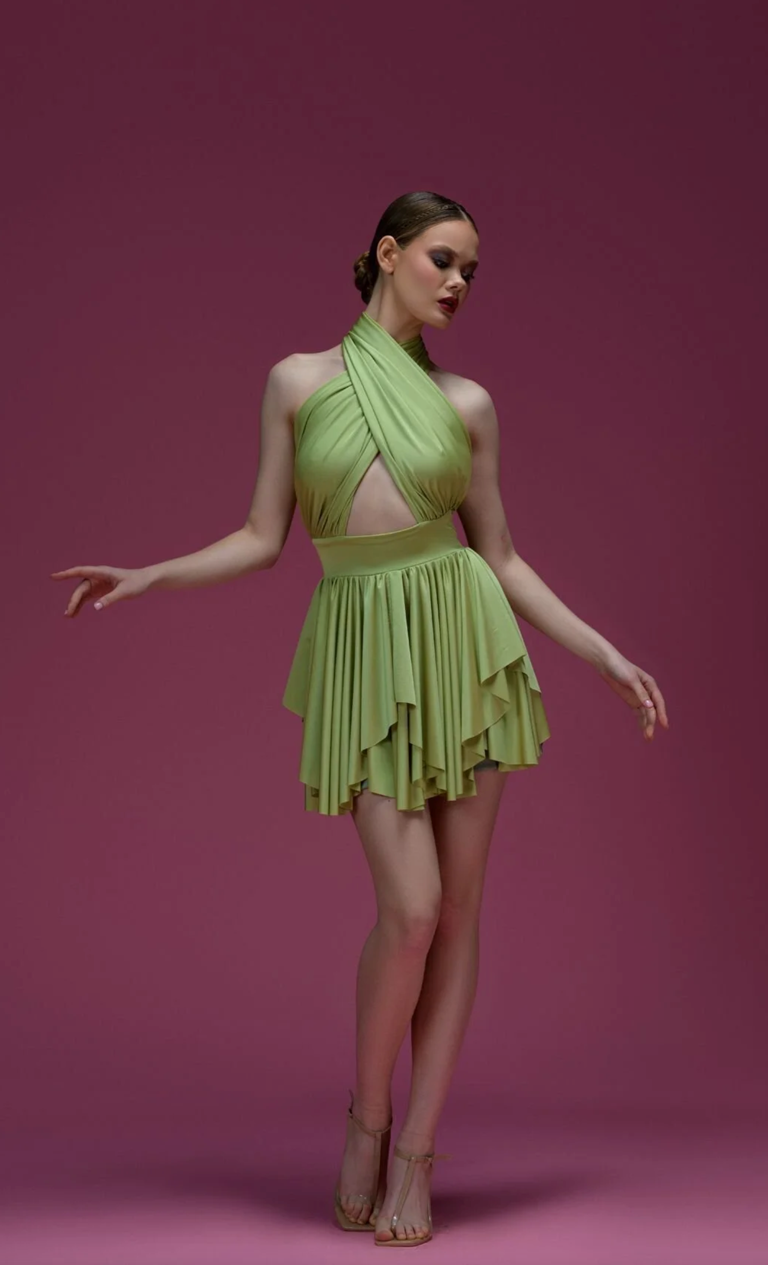 Green cross halter mini dress