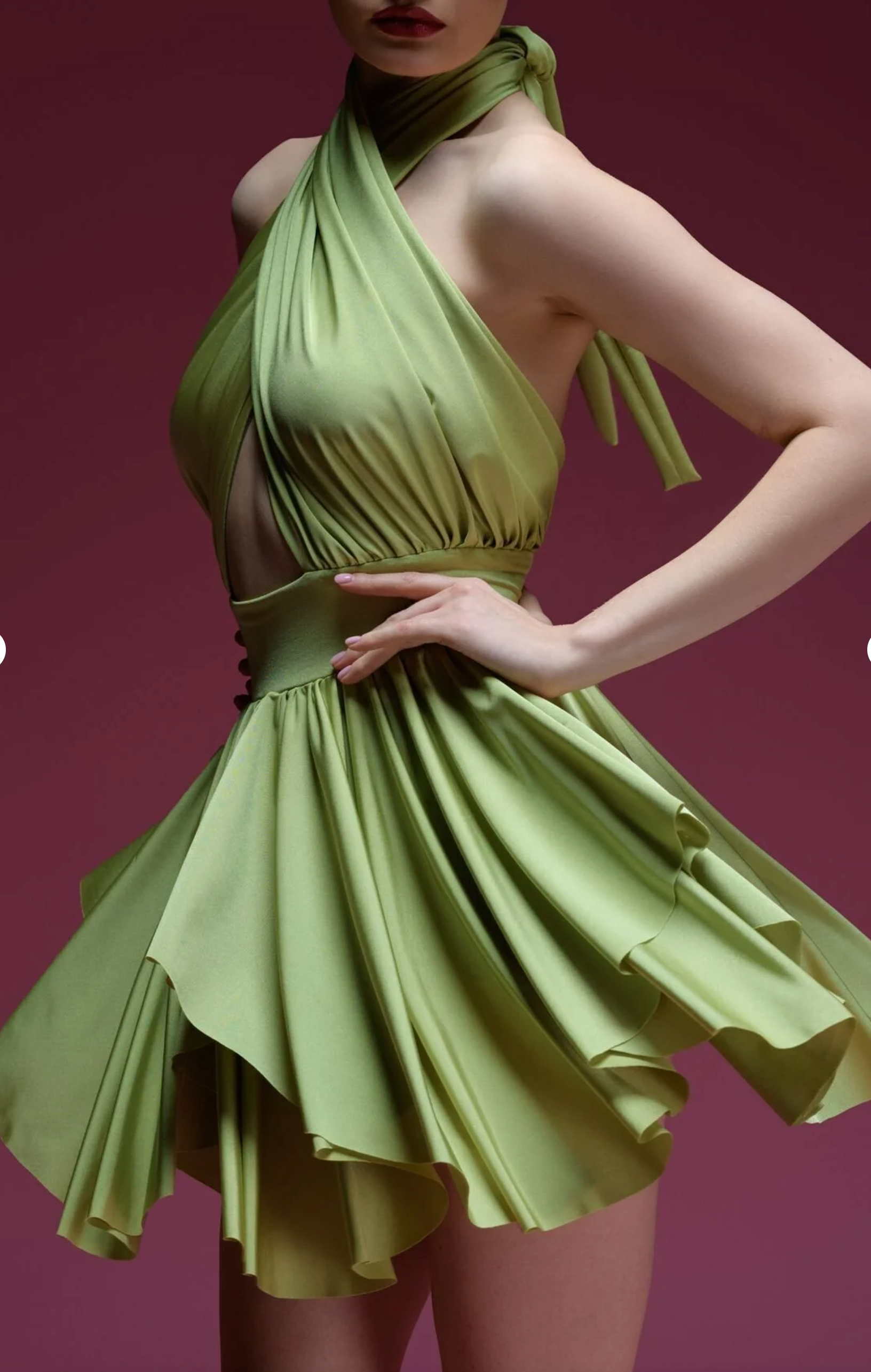 Green cross halter mini dress